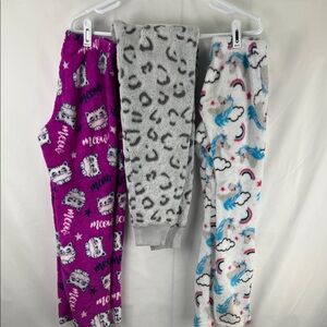 Kid’s Pajama Pants - Size 6 / 6x - Purple Cat - Gray Leopard - White Unicorn